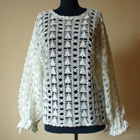 White Hand Crochet Women Jumper With Long Sleeves